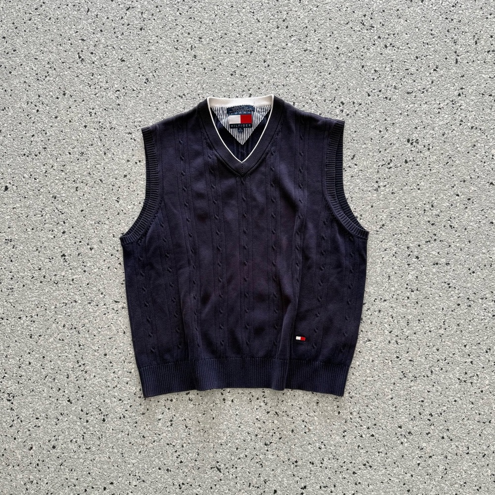 Vintage Tommy Hilfiger Knit Sweater Vest Pullover Grandpa V-Neck Navy Size XL